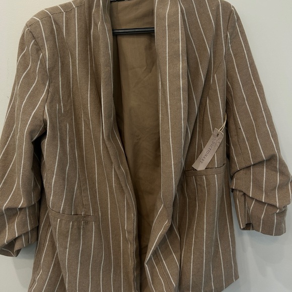 Dictionary Jackets & Blazers - Women's Brown Pinstripe Open-Front Blazer Jacket